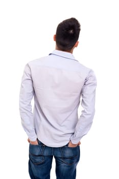 Young man with back turned to camera