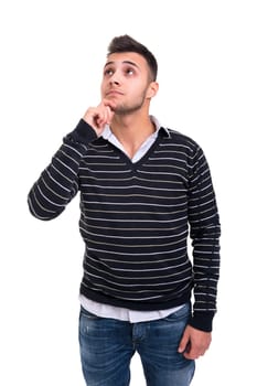 Studio picture of a pensive young man, isolated over white