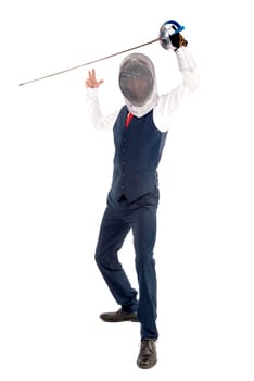 Male fencer businessman, ready for a duel isolated in white background