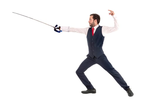 Male fencer businessman, ready for a duel isolated in white background