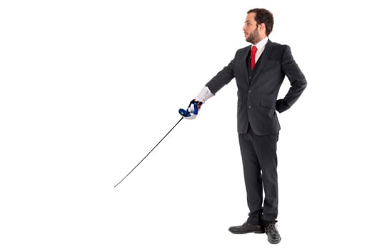 Male fencer businessman, ready for a duel isolated in white background