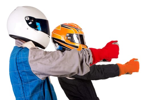 Racing drivers posing with helmets isolated in white