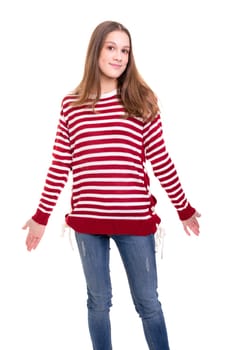 Woman with open hands asking sorry, isolated
