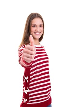 Beautiful young woman signaling ok, isolated over white