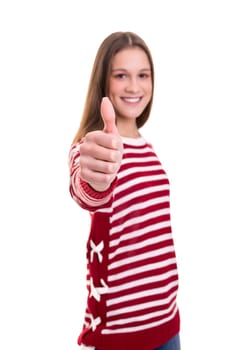 Beautiful young woman signaling ok, isolated over white