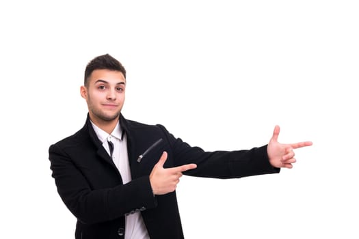 Young man presenting your product, isolated over a white background
