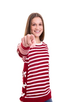 Young beautiful woman pointing at you, isolated over white