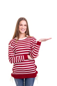 Young beautiful woman presenting your product, isolated over white background