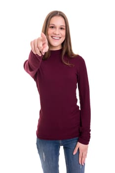 Young beautiful woman pointing at you, isolated over white