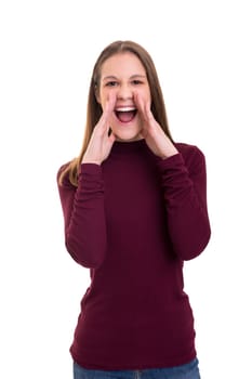 Woman screaming at someone, isolated over a white background