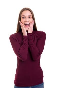 Surprised young woman isolated over white background