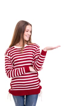 Young beautiful woman presenting your product, isolated over white background