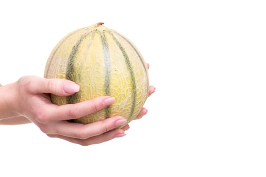 Young woman holding a fresh watermelon, isolated over white background