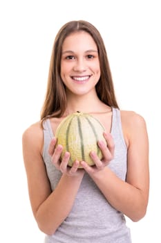 Young woman holding a fresh watermelon, isolated over white background