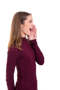 Woman screaming at someone, isolated over a white background