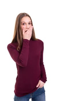 Surprised young woman isolated over white background