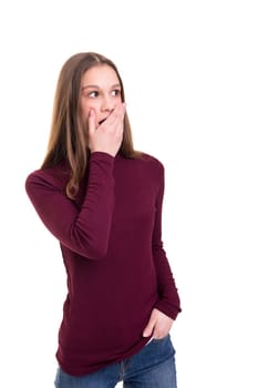 Surprised young woman isolated over white background
