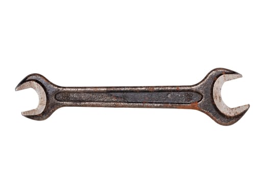 Craftsman tools isolated. Close-up of a old rusty metal wrench or open-end spanner size 19 and 24 for tightening or loosening screws isolated on a white background. Clipping path. Macro.