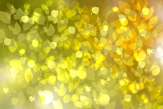 Abstract gradient green light and yellow colorful pastel spring or summer bokeh background with leaves and circular lights. Beautiful texture.