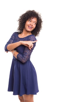 Young beautiful african woman presenting your product, isolated over white background