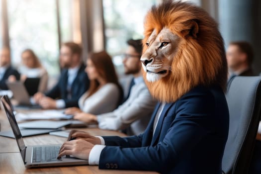 A surreal image of a businessman with a lion head working on a laptop during a meeting. The scene blends professionalism with fantasy, showcasing creativity and unique identity in a corporate environment.