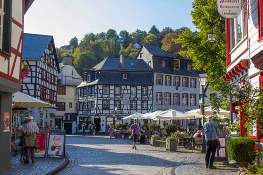 MONSCHAU, GERMANY - SEPTEMBER 22, 2020: small town Monschau with unidentified people. The historic town center has many half-timbered houses and narrow streets remained nearly unchanged for 300 years