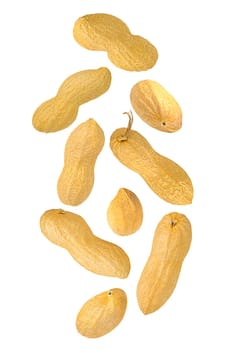 Isolated nuts. Nine whole peanuts in the air on white with clipping path as package design element. Full depth of field. Food levitation concept.