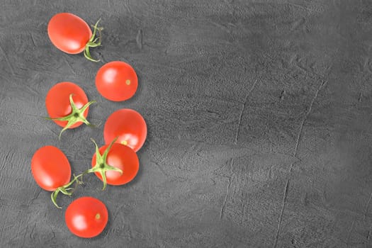 Flying whole tomato fruits on creative trendy background. Food levitation concept. Flat lay with copy space.
