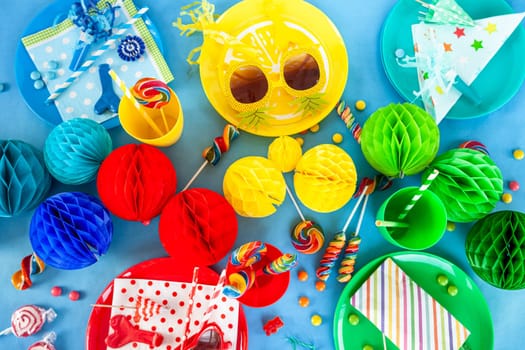 Colorful table setting with decorations for a party / kids birthday