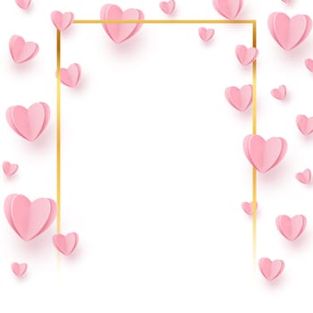 Gently pink-red hearts in a gold frame on a white background - illustration