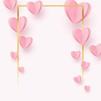 Gently pink-red hearts in a gold frame on a white background - illustration