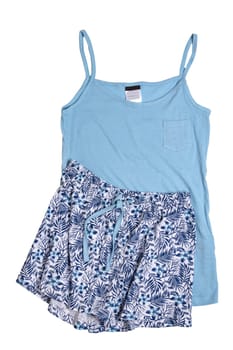 Night gown isolated. Close-up of blue female cotton sexy nightwear summer set of shorts and a top with spaghetty straps isolated on a white background. Fashionable night wear or nighties.