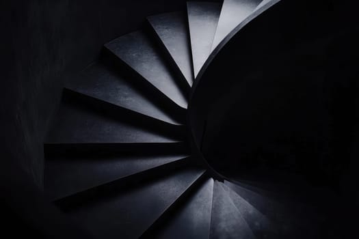 A captivating view of a black spiral staircase, beautifully crafted with smooth curves, set in dim light. Perfect for showcasing modern architecture and design themes.