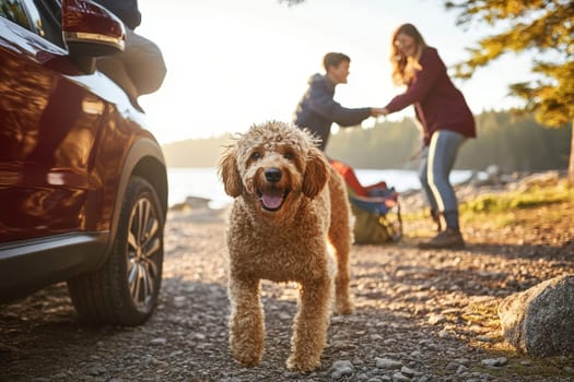 A cheerful dog leads a joyful family outing near a scenic lake, embodying the spirit of adventure and connection in nature. Enjoy the warmth of family moments under the sun.