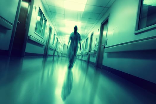 A nurse strides down a deserted hospital corridor, illuminated by soft blue light. The motion creates a unique atmosphere, evoking feelings of solitude and professionalism.