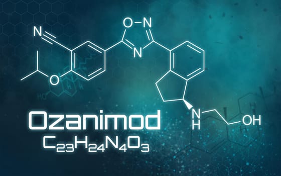 Chemical formula of Ozanimod on a futuristic background