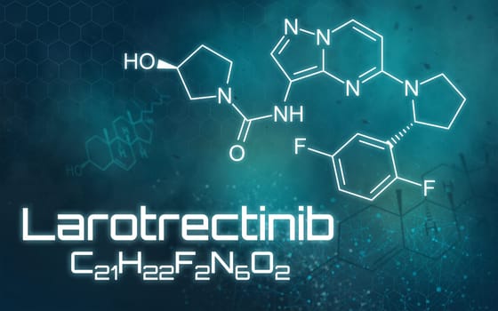 Chemical formula of Larotrectinib on a futuristic background