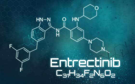 Chemical formula of Entrectinib on a futuristic background
