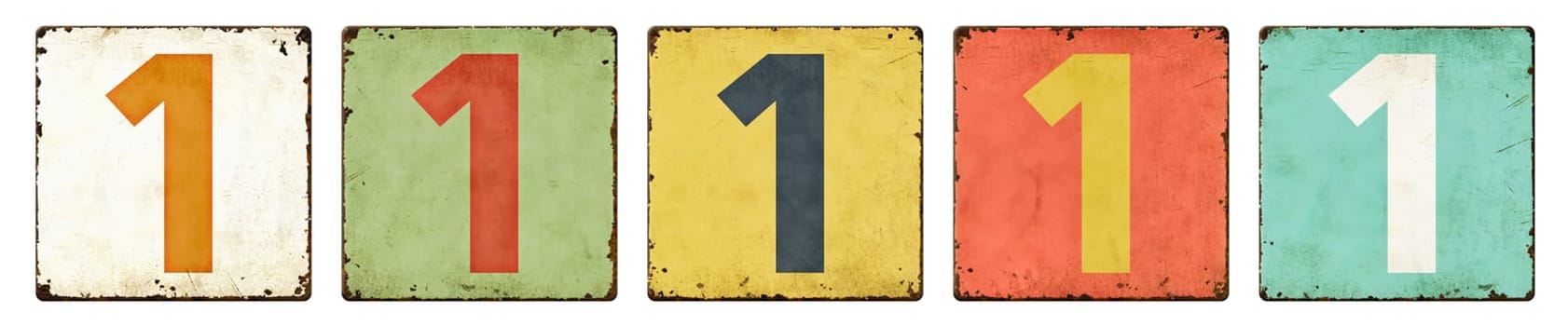 Five vintage tin signs on a white background - Number 1