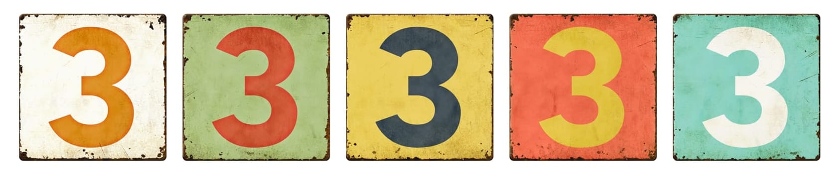 Five vintage tin signs on a white background - Number 3