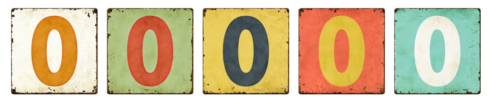 Five vintage tin signs on a white background - Number 0