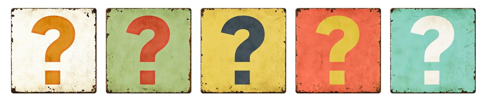 Five vintage tin signs on a white background - Question mark
