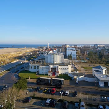 Panorama of coast and lighthouse of Warnemuende town on German Baltic Sea coast