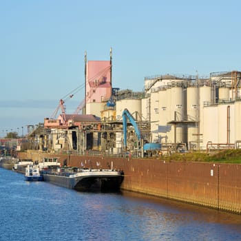 Ships in the industrial port in the north of Magdeburg in Germany