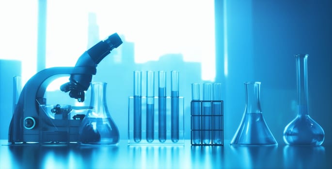 Test tubes and optical microscope. Laboratory instruments, with backlight and depth of field. Microscopic science and research concept.