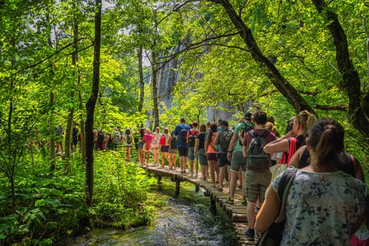 Plitvicka Jezera, Croatia, July 2019 Massive crowds and queues to taking pictures at waterfalls in Plitvice Lakes National Park UNESCO World Heritage
