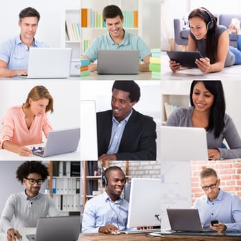 Diverse People Using Laptop Computers Collage Set