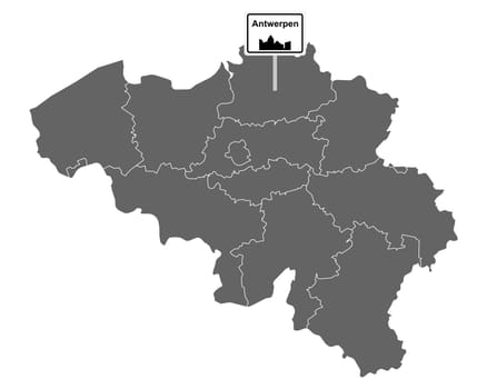 Landkarte von Belgien mit Orstsschild Antwerpen