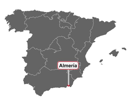Landkarte von Spanien mit Ortsschild von Almeria