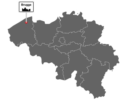 Landkarte von Belgien mit Orstsschild Brugge
